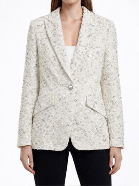 Etcetera Sequin Tweed Embellished Blazer Jacket White Size 10